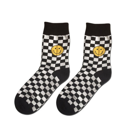 Checkered Smiley Face Crew Socks