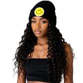 Chenille Patch Smiley Happy Face Knitted Cuffed Beanie with White Outline