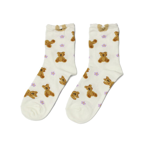 Teddy Bear Crew Socks - White