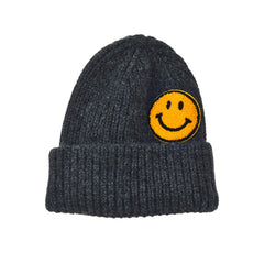 Chenille Patch Smiley Happy Face Knitted Cuffed Beanie with Black Outline