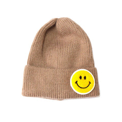 Chenille Patch Smiley Happy Face Knitted Cuffed Beanie with White Outline