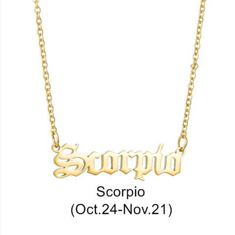 Zodiac Signs in Old English Font Astrology Star Sign Pendant Necklace - Gold