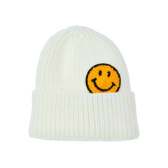 Chenille Patch Smiley Happy Face Knitted Cuffed Beanie with Black Outline
