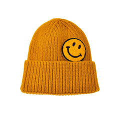 Chenille Patch Smiley Happy Face Knitted Cuffed Beanie with Black Outline