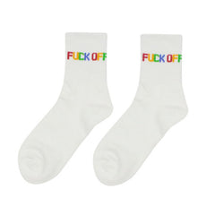 Colorful Fuck Off Crew Socks - White/Rainbow