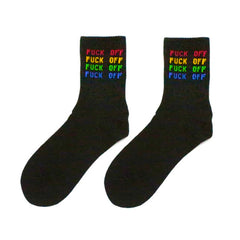 Colorful Fuck Off Repeat Crew Socks - Black/Rainbow