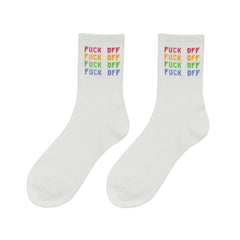 Colorful Fuck Off Repeat Crew Socks - White/Rainbow