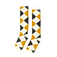 White Multicolor Argyle Pattern Knee High Socks