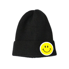 Chenille Patch Smiley Happy Face Knitted Cuffed Beanie with White Outline