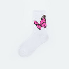 Hot Pink Monarch Butterfly Crew Socks - White/Hot Pink