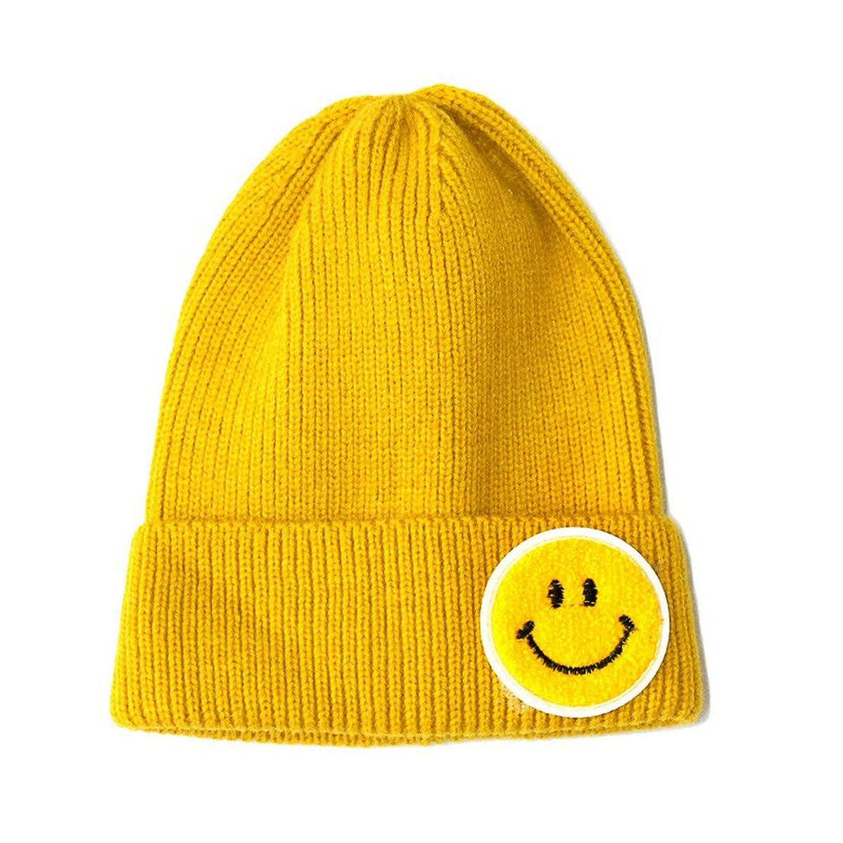 Gorro de punto con puños y diseño de carita feliz y parche de chenilla con contorno blanco