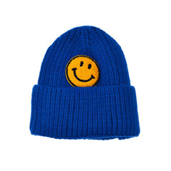 Chenille Patch Smiley Happy Face Knitted Cuffed Beanie with Black Outline